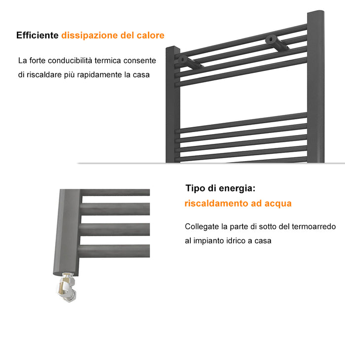 Termoarredo Bagno in Acciaio al Carbonio Calorifero Riscaldamento ad Acqua Antracite 1500x600 mm