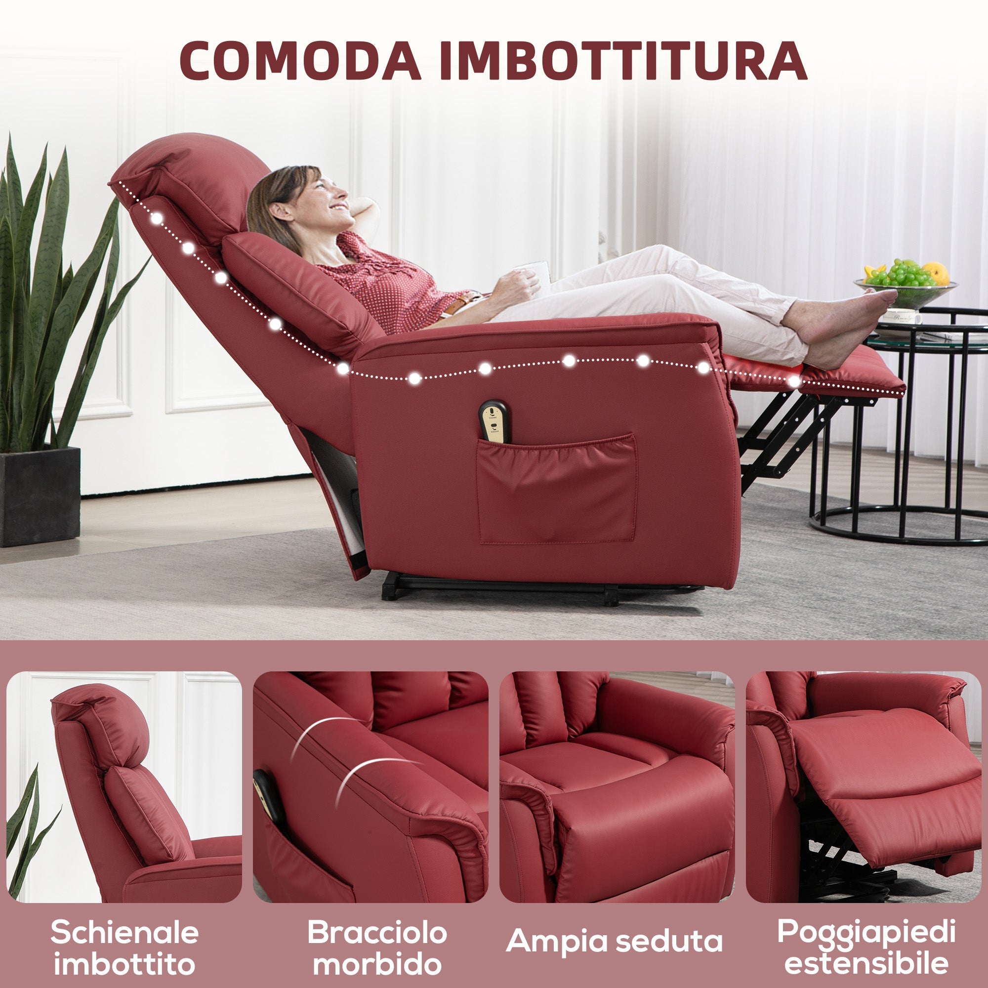 Poltrona Relax Reclinabile Alzapersone Elettrica con Telecomando Rosso