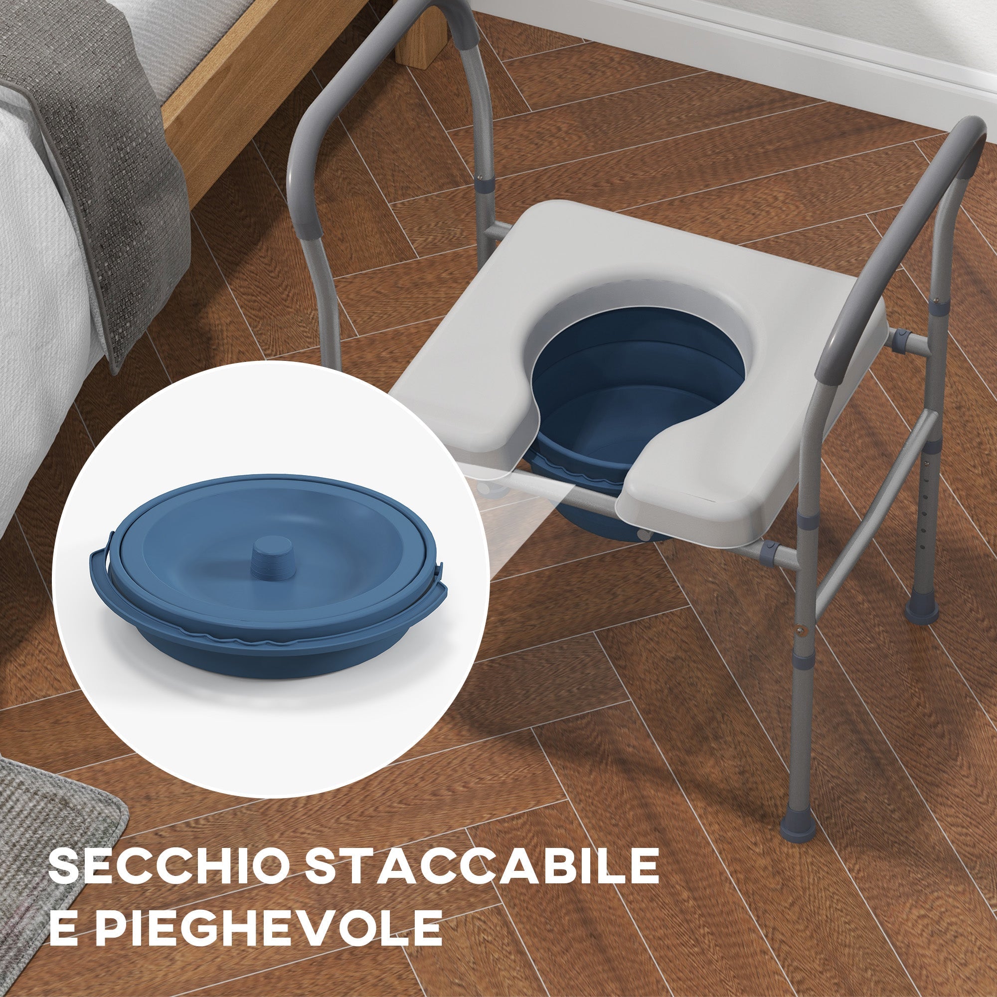 Sedia WC per Anziani e Disabili 4 in 1 Regolabile in Altezza 64x53x70-82 cm con Braccioli Imbottiti Grigio