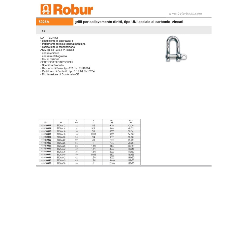 Robur grillo di sollevamento diritto 5mm 3/16 in acciaio zincato