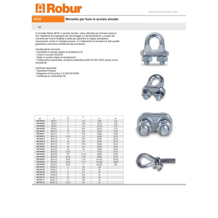 Robur morsetto zincato a cavallotto da 10mm per fune