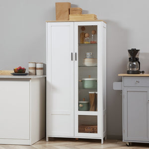 Credenza Moderna da Cucina 76x36x160 cm 2 Ante con Mensole Regolabili in Legno e Vetro Bianco