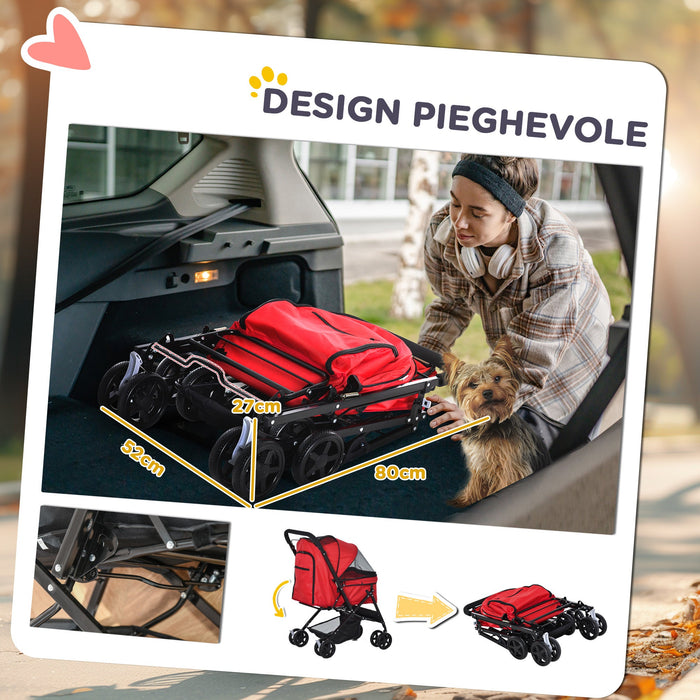 Passeggino per Cani Piccoli Pieghevole Maniglione Reversibile 76,5x52x95cm Rosso