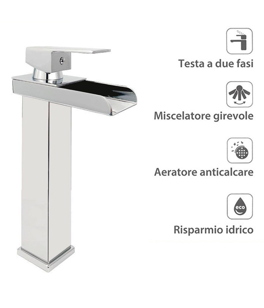 Rubinetto Bagno Design Moderno A Cascata Miscelatore Monocomando Alto Cromato         