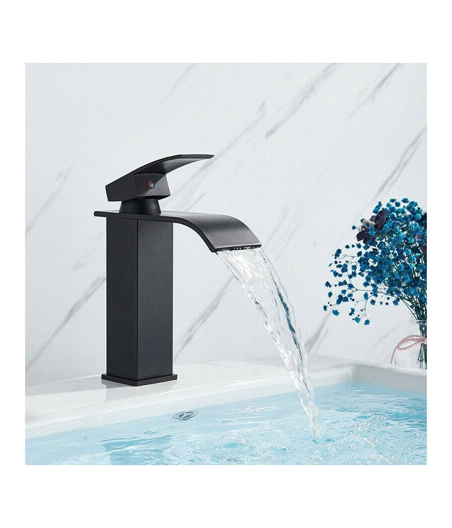 Rubinetto Bagno Lavabo Miscelatore A Cascata Nero Ottone Monocomando Moderno         