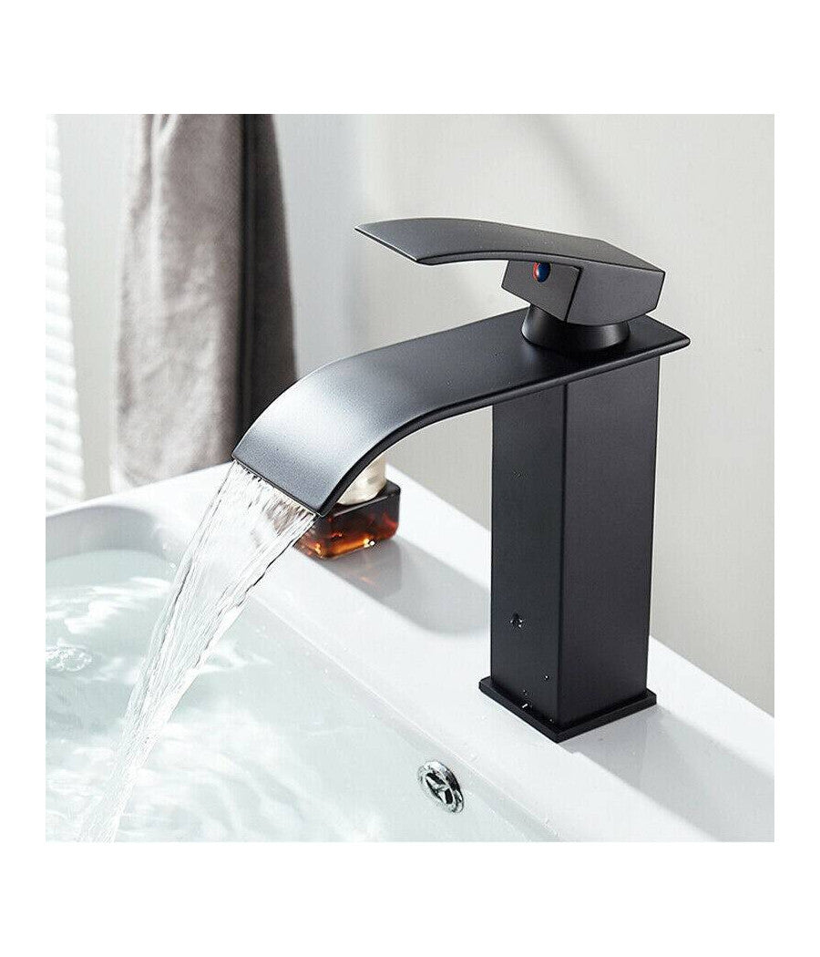 Rubinetto Bagno Lavabo Miscelatore A Cascata Nero Ottone Monocomando Moderno         