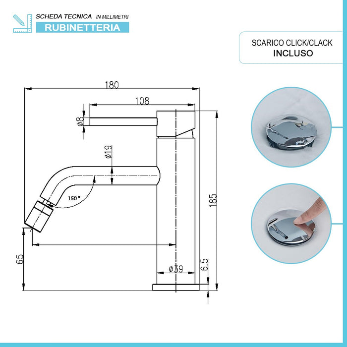 Rubinetto bidet in acciaio inox con scarico click clack Nuego