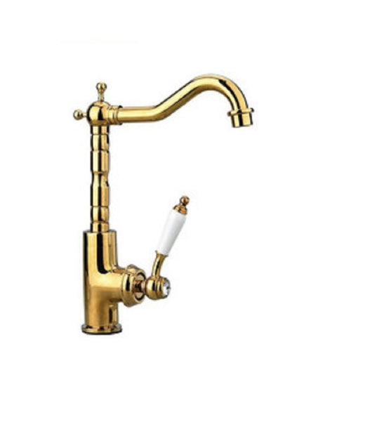 Rubinetto Da Cucina Per Lavabo Monoforo Ottone Oro Lucido Miscelatore Canna Alta         