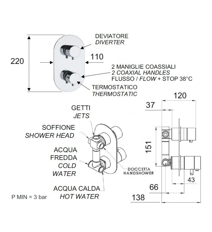 Miscelatore termostatico doccia con deviatore 5 posizioni - serie minimal thermo cod 76438