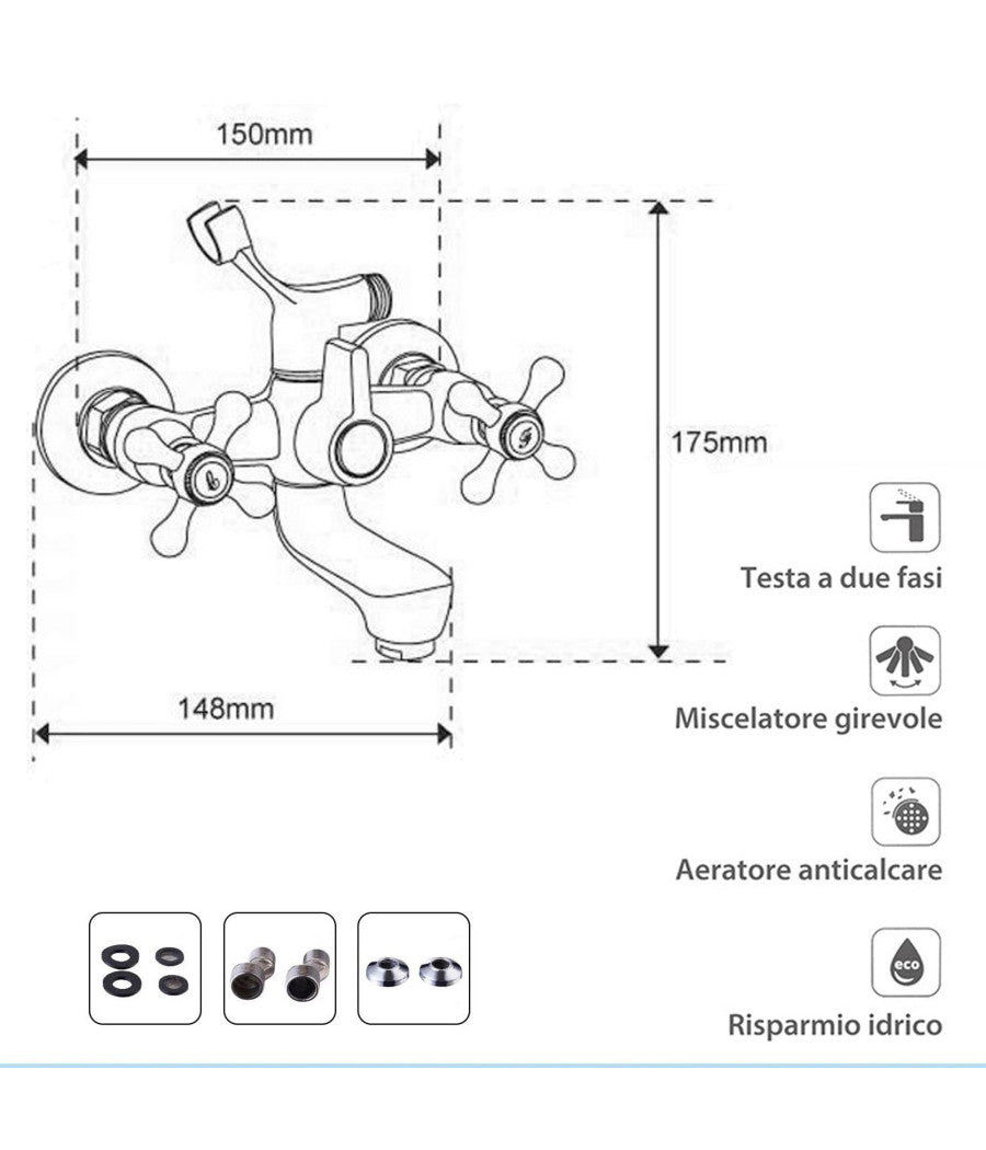 Rubinetto Gruppo Vasca Da Bagno Cromato Con Attacco Per Doccia Bicomando A Croce         