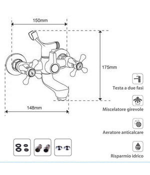 Rubinetto Gruppo Vasca Da Bagno Cromato Con Attacco Per Doccia Bicomando A Croce         