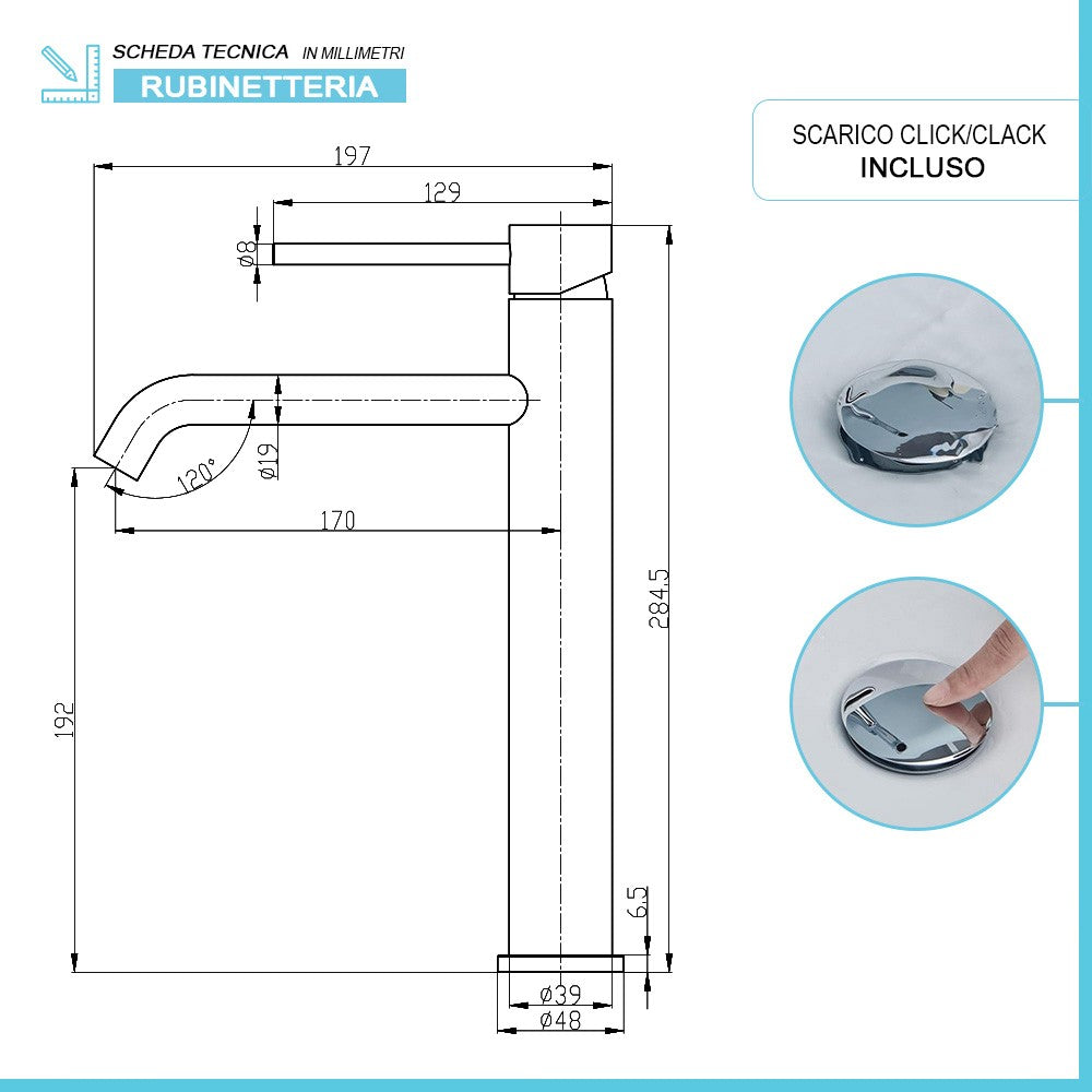 Rubinetto lavabo alto in acciaio inox con scarico click clack Nuego