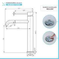 Rubinetto lavabo alto in acciaio inox con scarico click clack Nuego