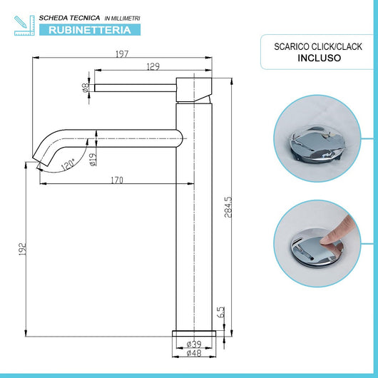 Rubinetto lavabo alto in acciaio inox con scarico click clack Nuego