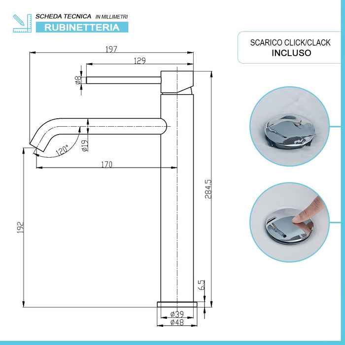 Rubinetto lavabo alto in acciaio inox con scarico click clack Nuego