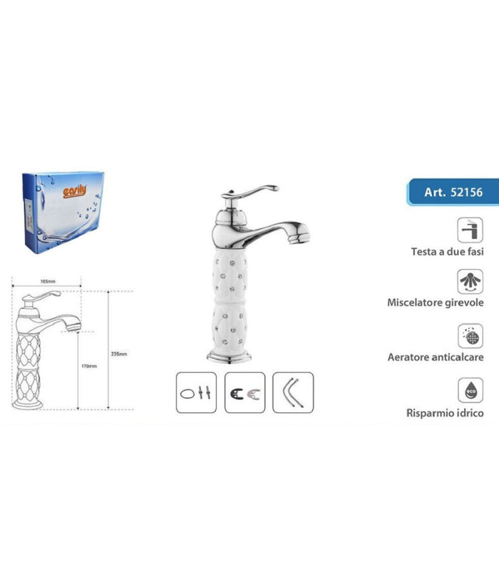 Rubinetto Lavabo Brillantini Miscelatore Bagno Monoforo Argento Canna Alta 52156         