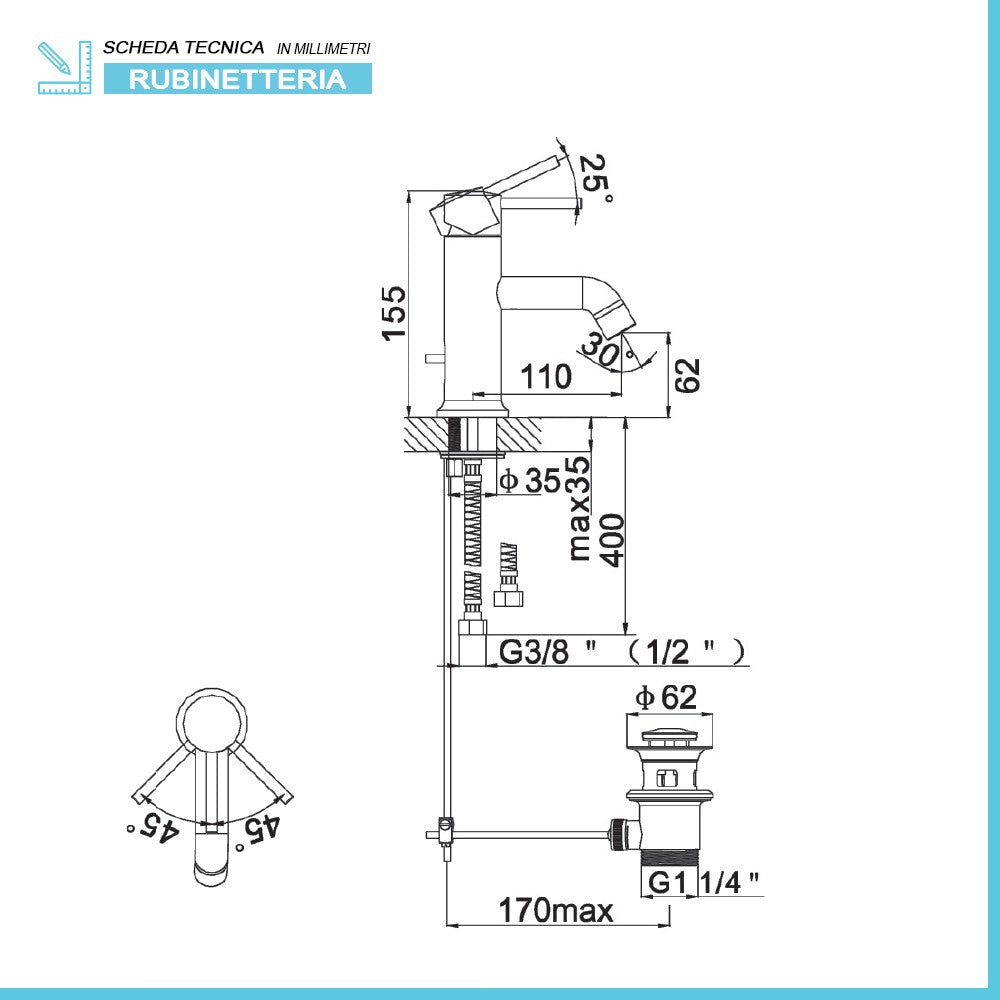 Rubinetto lavabo cromato serie Manola incluso di piletta