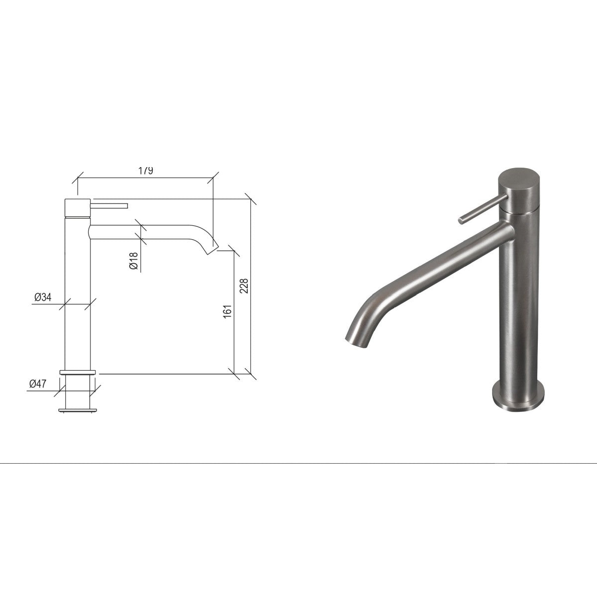 Miscelatore alto per lavabo con bocca da 18 cm in acciaio inox 316l di tubico tevere