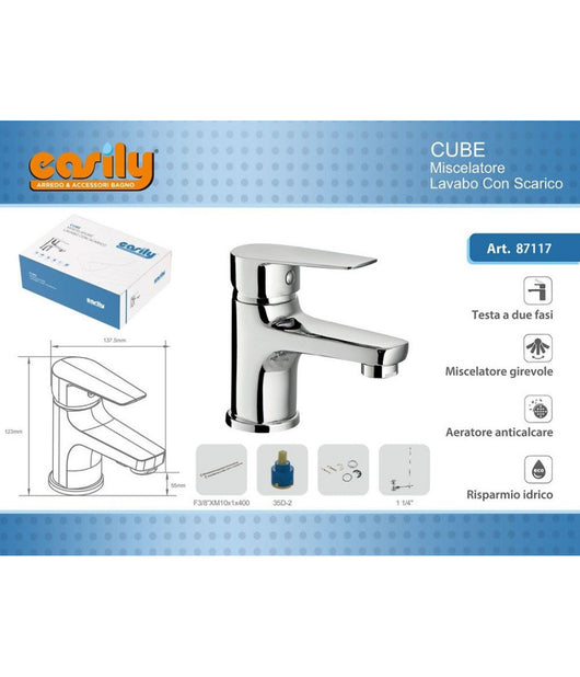 Rubinetto Miscelatore Monocomando Cromato Per Lavabo Lavandino Moderno Cube87117         