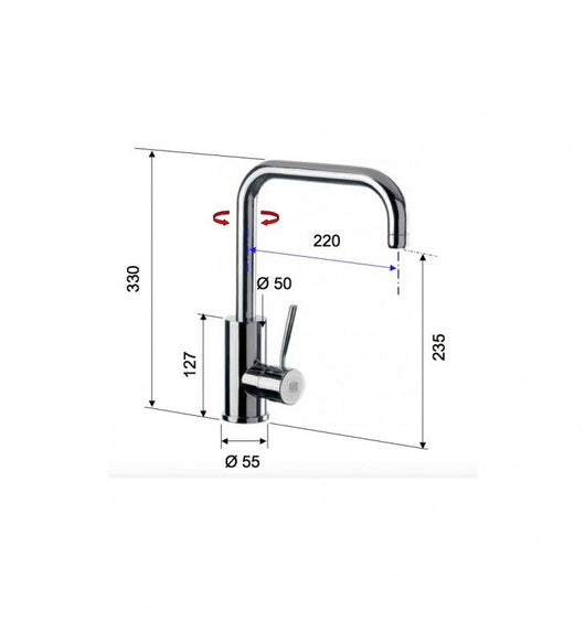 Rubinetto laterale per lavello a base tonda alto con bocca a j girevole e doccetta estraibile serie minimal cod 76047