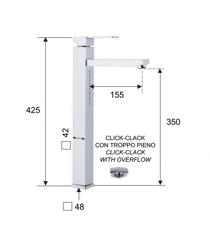 Miscelatore moderno qubika quadrato con bocca lunga per lavabi a bacinella cod 75498