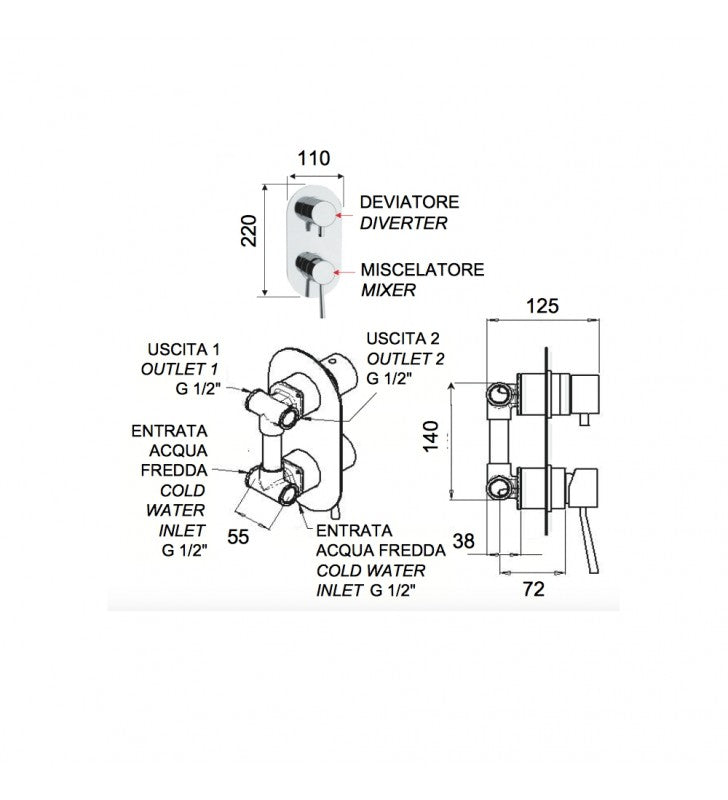 Rubinetto doccia con deviatore a 4 posizioni su doppia piastra serie minimal cod 76052