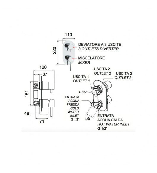 Rubinetto doccia con deviatore a 5 posizione su doppia piastra serie minimal cod 76053