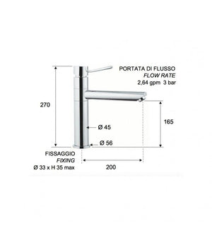 Rubinetto monocomando bordo lavello con deviatore, bocca minimale e doccetta a pulsante serie minimal cod 76041