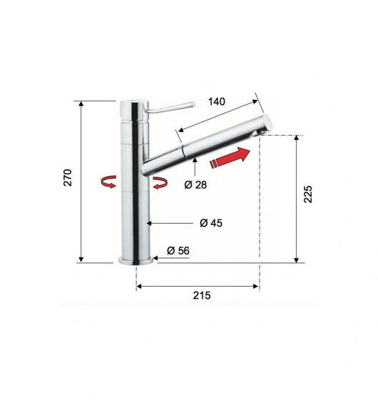 Rubinetto laterale per lavello con bocca a u girevole e doccetta dual jet serie minimal cod 76044