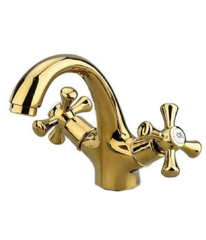 Rubinetto Per Bagno Da Lavabo Miscelatore Doppia Manopola In Ottone Oro Lucido         