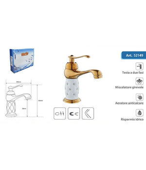 Rubinetto Per Lavabo Con Brillantini Miscelatore Bagno Monoforo Oro Basso 52149         