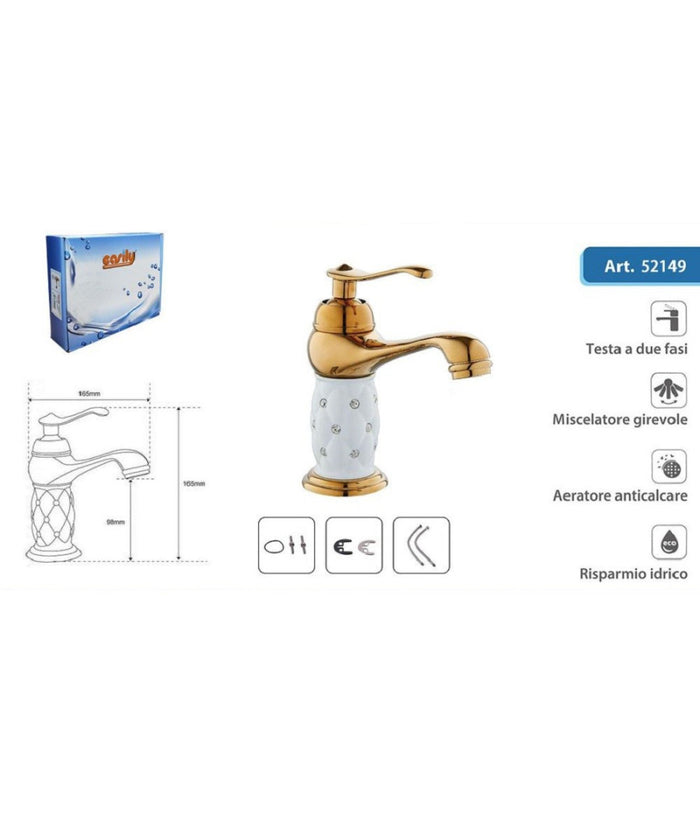 Rubinetto Per Lavabo Con Brillantini Miscelatore Bagno Monoforo Oro Basso 52149         