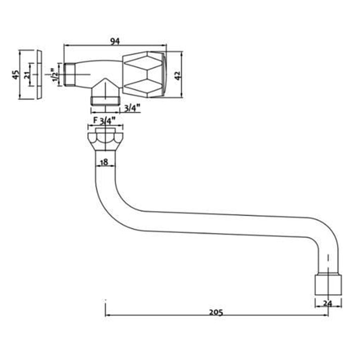 Rubinetto a Muro in Ottone Cromato con Attacco 1/2" e Canna Lunga a "S" 20 cm