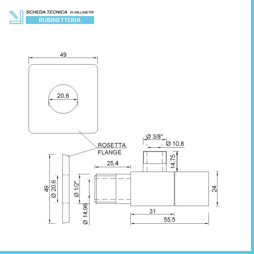 Rubinetto sottolavabo quadrato 1/2€ x 3/8€ cromato