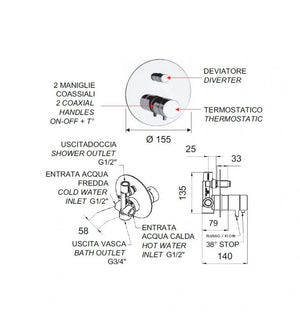 Rubinetto termostatico doccia con deviatore a tre vie e sette posizioni - serie minimal thermo cod 76435