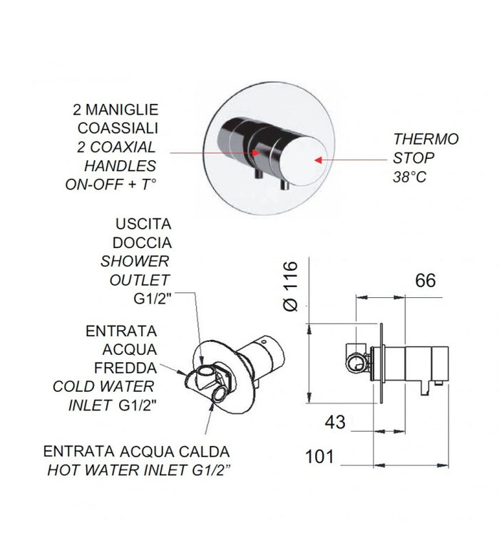 Rubinetto doccia con deviatore a 4 posizioni - serie minimal thermo cod 76436