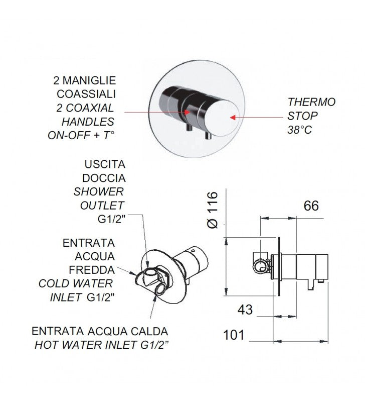 Rubinetto doccia con deviatore a 4 posizioni - serie minimal thermo cod 76436