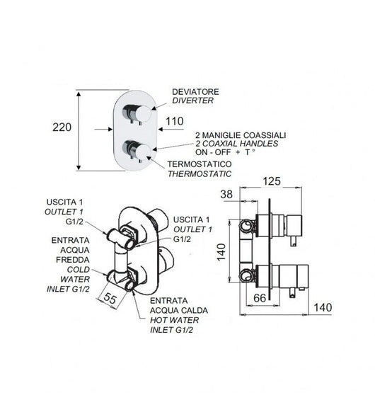 Rubinetto termostatico doccia con deviatore 4 posizioni su doppia piastra - serie minimal thermo cod 76437