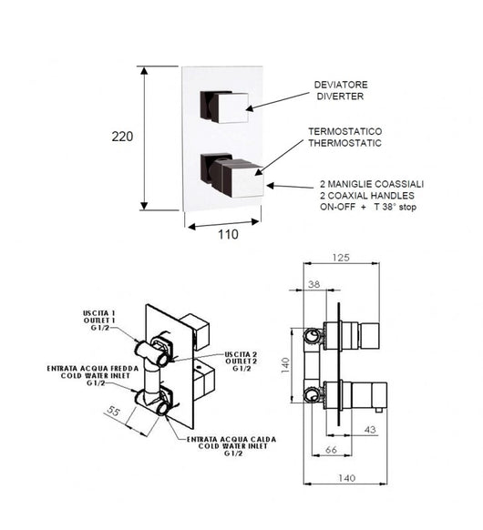 Rubinetto termostatico doccia, 4 posizioni su doppia piastra - serie qubika thermo cod 76623