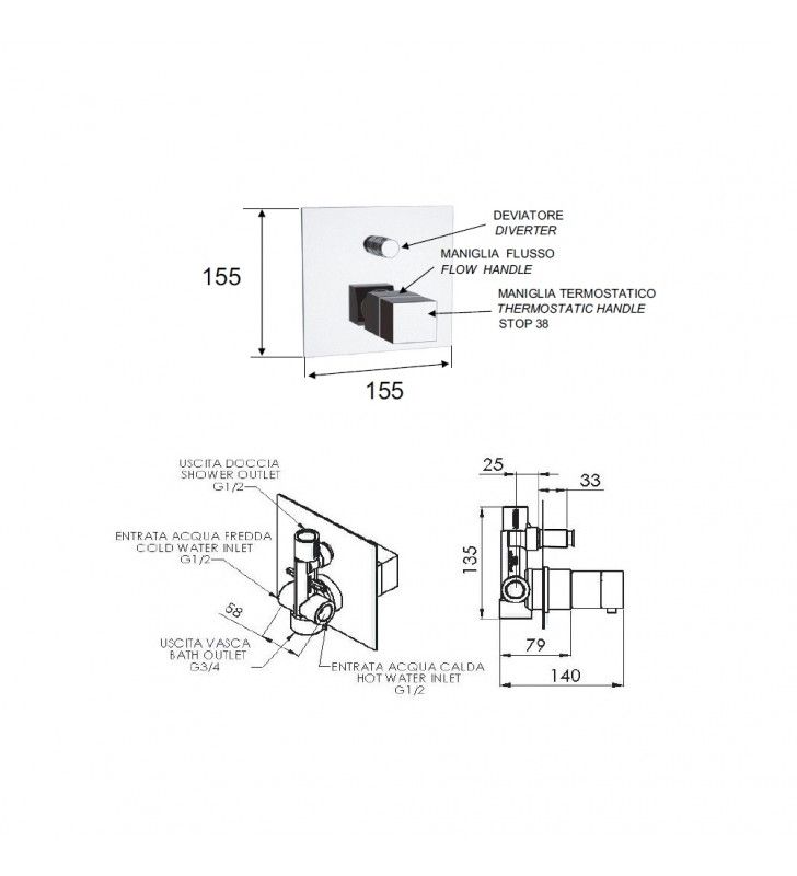 Rubinetto termostatico doccia, tre vie e sette posizioni su unica piastra - serie qubika thermo cod 76621