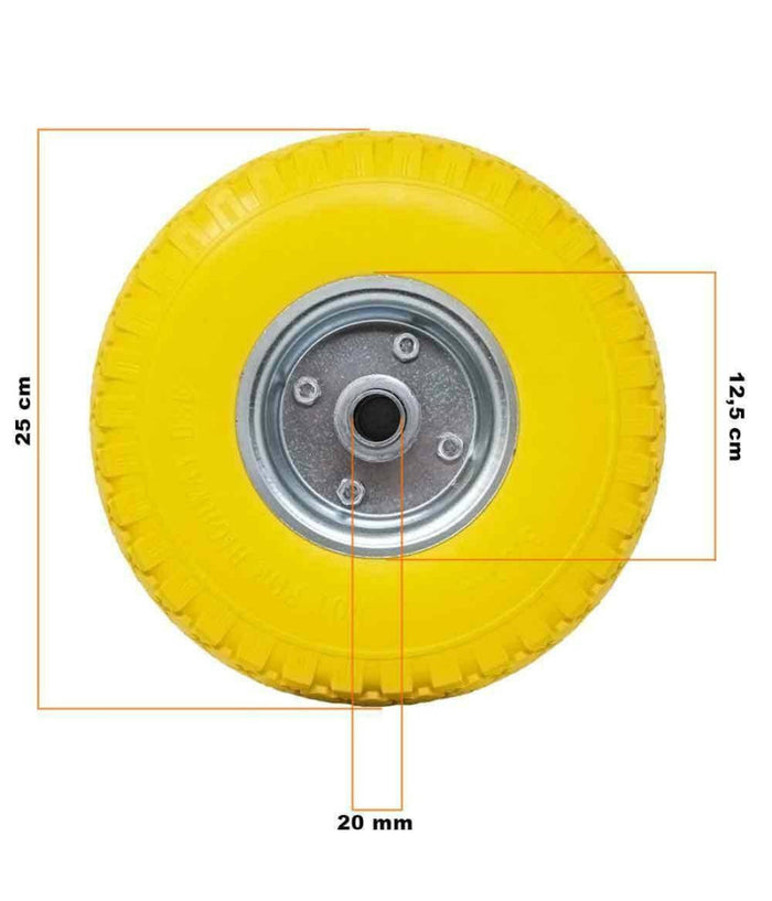 Ruota Piena Antiforatura Pu Gialla Carrello Carriola 25cm Cerchio In Acciaio         