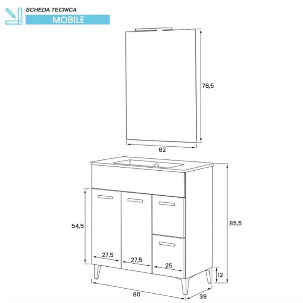 COMPOSIZIONE BAGNO MOBILE LAVABO 80cm +SPECCHIO+COLONNA PORTASCIUGAMANI ROVERE TROPEA FERIDRAS