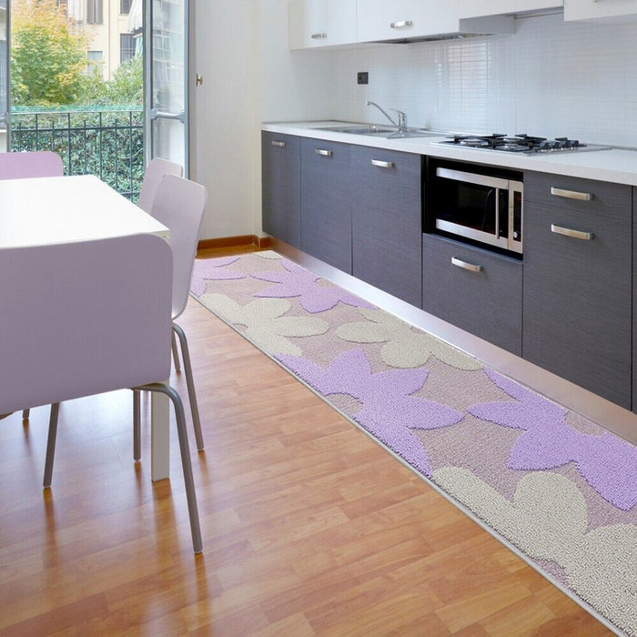 Tappeto Cucina 3D Fiore 57x270 cm Tridimensionale Morbido Moderno Passatoia Antiscivolo Viola