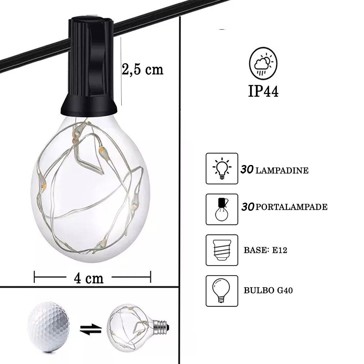 CATENA LUMINOSA SOLARE ESTERNO 30 PORTALAMPADE 10M LUCE RGB LUCI DI NATALE