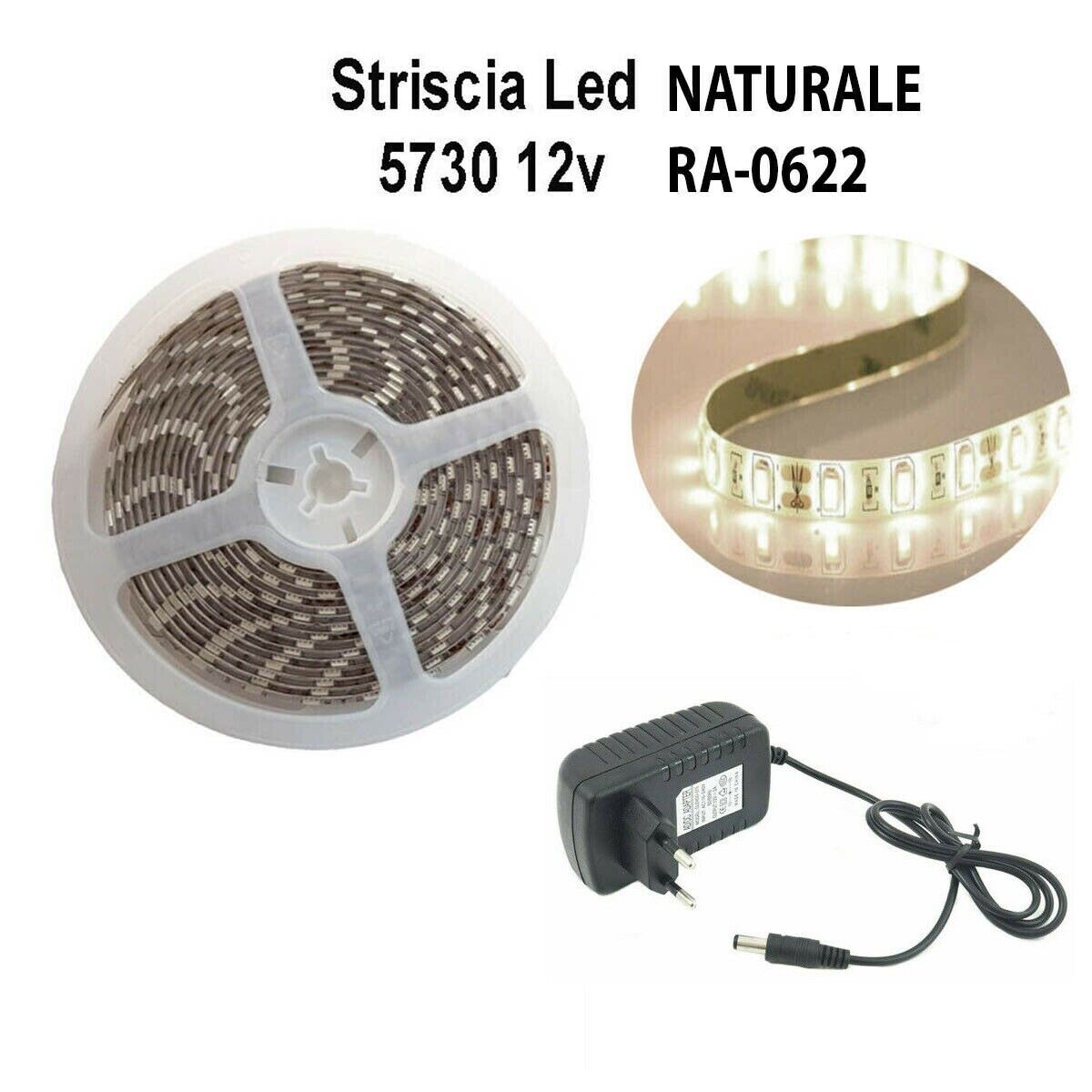 STRISCIA LED 5730 5M LUCE BIANCO NATURALE ADESIVA IP65 CON ALIMENTATORE 12V 2A