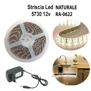 STRISCIA LED 5730 5M LUCE BIANCO NATURALE ADESIVA IP65 CON ALIMENTATORE 12V 2A