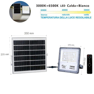 FARO LED FARETTO PANNELLO SOLARE CREPUSCOLARE TELECOMANDO DA 3000K A 6500K 100w