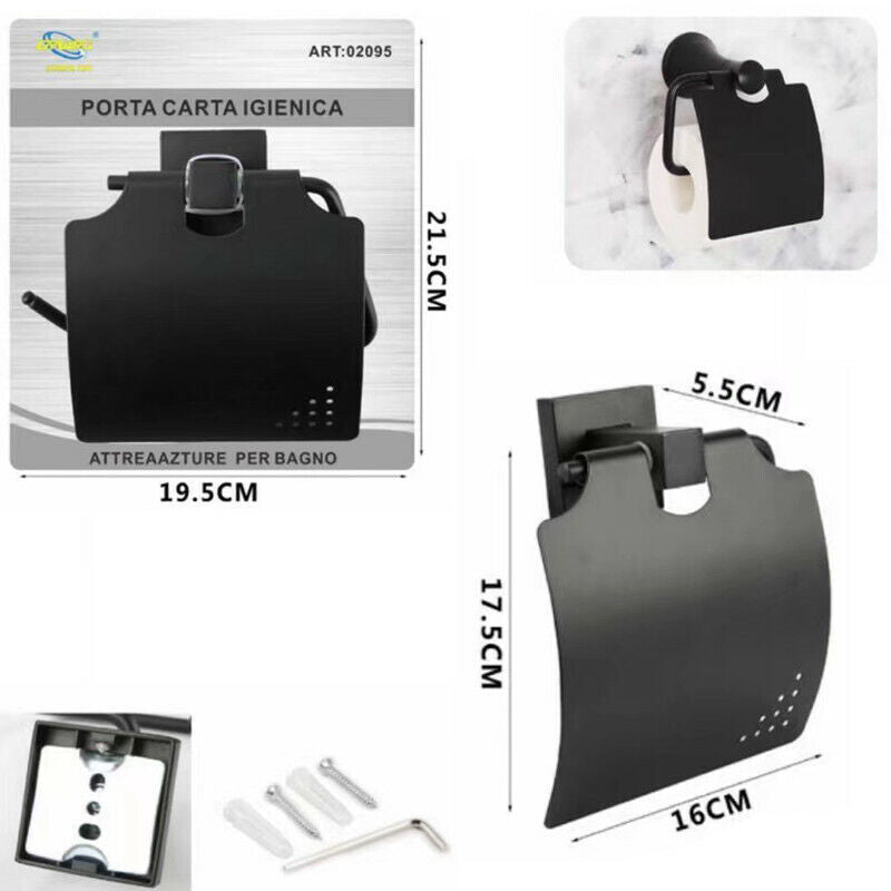 PORTA ROTOLO CARTA IGIENICA MURO TOILETTE PARETE SUPPORTO NERO BAGNO 02095