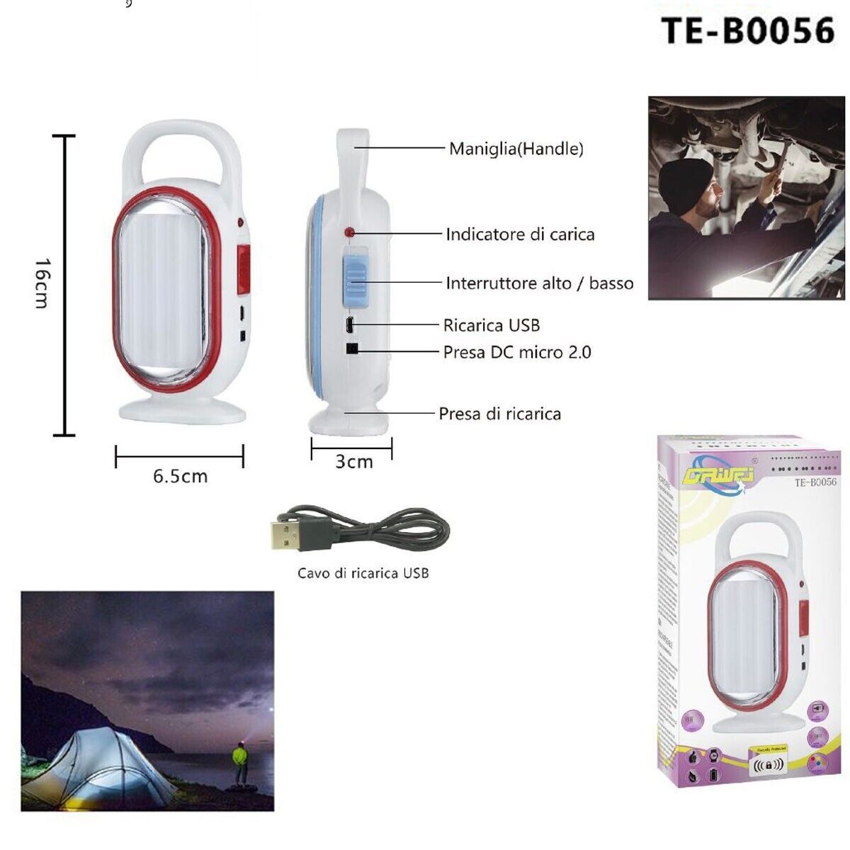 LAMPADA EMERGENZA LED RICARICABILE LAVORO PORTATILE ENERGIA CAMPEGGIO TE-B0056