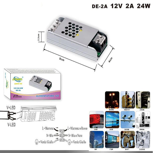 ALIMENTATORE TRASFORMATORE 12V PER STRISCIA TELECAMERE LED STABILIZZATORE 24W 2A